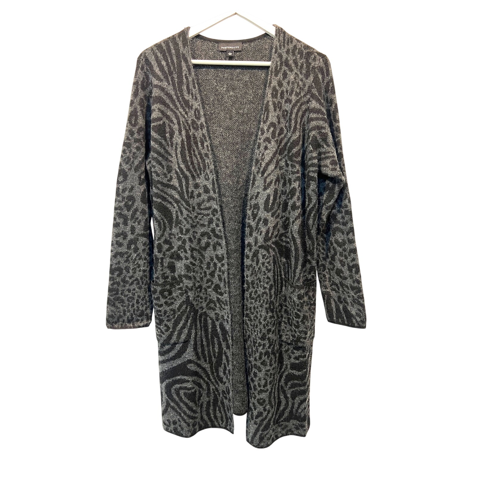 Fortune + Ivy Cardigan Duster Sweater Animal Print Gray Women's Large New